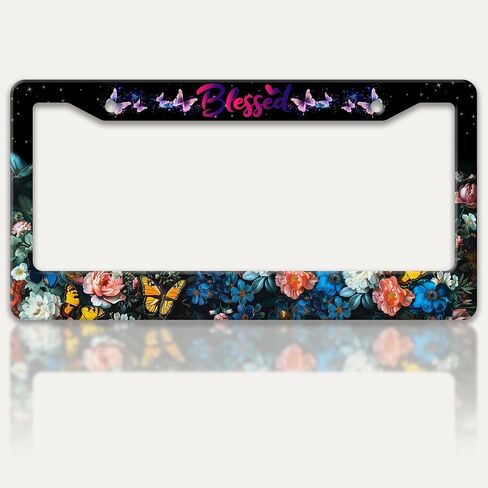 Blessed License Plate Frame Beautiful Butterfly Flowers License Plate Holders Funny Stainless Steel Auto Accessory Bracket 2 Hole with Screws Universal Us Car License Plate Frames 6x12 Inch in Saudi Arabia