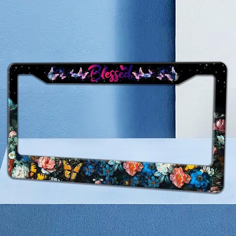 Blessed License Plate Frame Beautiful Butterfly Flowers License Plate Holders Funny Stainless Steel Auto Accessory Bracket 2 Hole with Screws Universal Us Car License Plate Frames 6x12 Inch in Saudi Arabia