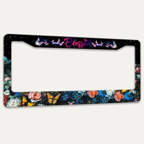 Blessed License Plate Frame Beautiful Butterfly Flowers License Plate Holders Funny Stainless Steel Auto Accessory Bracket 2 Hole with Screws Universal Us Car License Plate Frames 6x12 Inch in Saudi Arabia