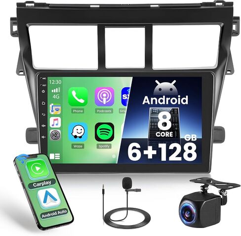 [4+64g] Hikity Android 15 Car Stereo لـ Toyota Vios Yaris 2007-2012 مع Carplay Android Auto ، 9 '' IPS Touch Screen Radio Bluetooth Link GPS WiFi SWC AI DSP/FM/RDS/32EQ CAM+MIC in Kuwait