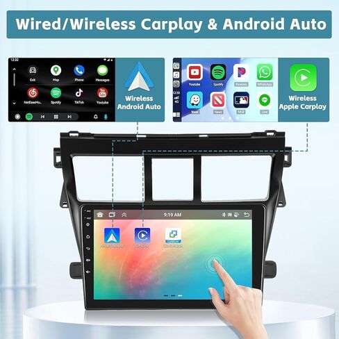 [4+64g] Hikity Android 15 Car Stereo لـ Toyota Vios Yaris 2007-2012 مع Carplay Android Auto ، 9 '' IPS Touch Screen Radio Bluetooth Link GPS WiFi SWC AI DSP/FM/RDS/32EQ CAM+MIC in Kuwait
