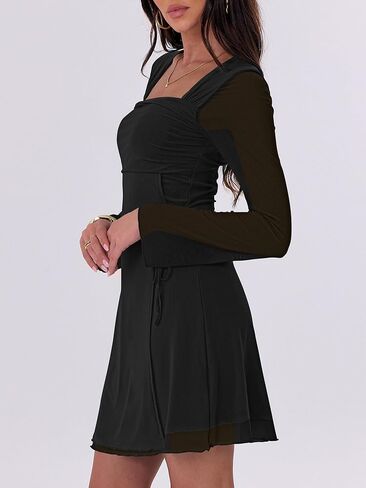 Caracilia Womens Sexy Mesh Ruched Mini Dresses Long Sleeve Square Neck Tie Fall Club Party Cocktail Going Out Short Dress in Kuwait