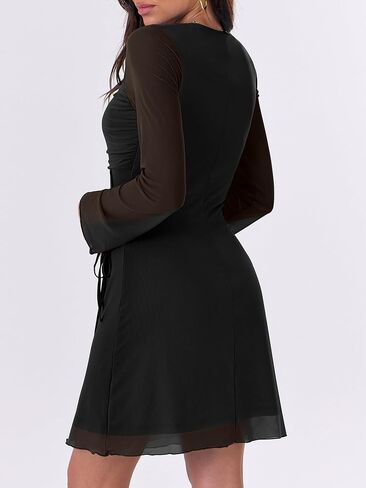 Caracilia Womens Sexy Mesh Ruched Mini Dresses Long Sleeve Square Neck Tie Fall Club Party Cocktail Going Out Short Dress in Kuwait