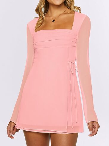 Caracilia Womens Sexy Mesh Ruched Mini Dresses Long Sleeve Square Neck Tie Fall Club Party Cocktail Going Out Short Dress in Kuwait