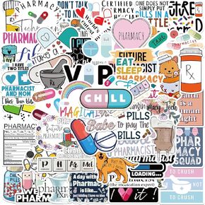 Cute Pharmacist Stickers Pharmacy Stickers Pack 50PCS, Asverbet Apothecary Stickers Waterproof Vinyl Decals Stickers for Water Bottles Laptop Luggage Cup Adults Stickers
