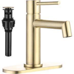 Bathroom Faucet Single Handle, 304 Stainless Steel Bathroom Sink Faucet with Copper Pop Up Drain, Faucet for Bathroom Sink, Bowl Sink 1 Hole/3 Hole Install Vanity Faucet, Gold Tall Finishing