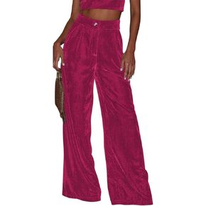 IBAKOM Velvet Pant for Women High Waist Wide Leg Palazzo Pants with Pocket Office Lady Fall Winter Xmas Flare Baggy Trouser