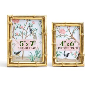 Two's Company Bamboo Picture Frames, Decorative Wall & Tabletop 5x7 & 4x6 Gold Frame Set - Vertical/Horizontal Display