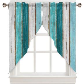 Wooden Board Swag Valance Curtains Vintage Farm Teal Ocean Aqua Green Blue Wood Grain Rod Pocket Kitchen Curtains Scalloped Window Treatment Valances Swag Curtains for Living Room, 1 Pair, 28"W x 36"L
