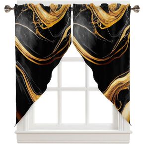 Swag Curtain,Black Marble Crack Gold Foil Edge Kitchen Valances Rod Pocket Curtains Tier Pair Swag Topper,Golden Line Abstract Art 2 Panels Window Treatment for Bathroom Living Room Bedroom