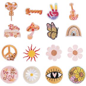 Retro Hippie Iron on Patches 16PCS, Groovy Flower Sew on Embroidered Appliques Unique Floral Decorative Repair Boho Aesthetic Craft for Knee Jean Clothes Bags Hats DIY Accessory