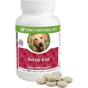 مكمل دعم المفاصل العشبي للكلاب من Only Natural Pet Get Up & Go - تم تركيبه بشكل كلي مع الكورداليس والكركم وفيتامين الورك والمفاصل اليومي للكلاب الكبيرة - نكهة الديك الرومي - 90 قرصًا قابلاً للمضغ