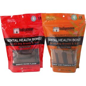 Grain Free Dental Health Bones 2 Flavor Variety Bundle: (1) Smoked Bacon Flavor, and (1) Carrot & Pumpkin Flavor, 17 Oz. Ea.