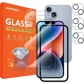 [3+3 عبوات لواقي شاشة iphone14 3 عبوات + واقي عدسة الكاميرا 3 عبوات، واقي شاشة من الزجاج المقوى [مع إطار سهل التركيب] [صلابة 9H] [مضاد للخدش] [خالٍ من الفقاعات] - شفاف in Kuwait