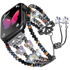 TOMAZON Butterfly Dressy Bracelet Bands Compatible for Apple Watch Series 9 41mm 40mm 38mm, Thin Slim Beaded Charm for Women, Handmade Bling Crystal Wristbands for iWatch Series 8/7/SE/6/5/4, Black
