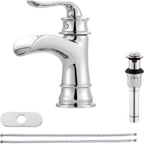PARLOS Single Handle Bathroom Faucet, Waterfall Sink Faucet with Pop Up Drain, Escutcheon and Cupc Water Supply Lines, Brushed Gold, 1434908