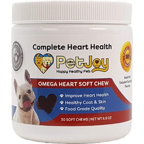 PetJoy صحة القلب الكاملة | أوميغا هارت مضغ ناعم | أحماض أوميغا 3 الدهنية EPA، DHA، فيتامين E | تقليل التساقط والحكة | مكمل لجلد ومعطف الكلب | المفاصل والدماغ وصحة القلب | 30 قيراط in Kuwait