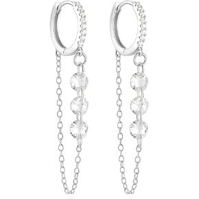 925 Sterling Silver Small Huggie Hoop Earrings for Women Gold Chain Earrings CZ Tassel Drop Dangle Hoop Earrings