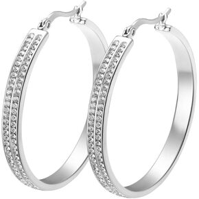 Edforce Stainless Steel Women's 2 Rows of AAA Cubic Zirconia Stones Outlined Classic Hoop Earrings