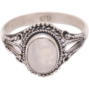 NOVICA Artisan Handmade Rainbow Moonstone Singlestone Ring from Bali .925 Sterling Silver Indonesia Gemstone 'Princess Gem'