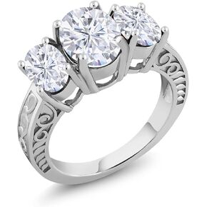 Gem Stone King 925 Sterling Silver 3-Stone Ring Set with Moissanite (3.90 Cttw)