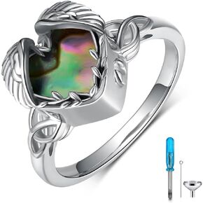 Angel Wings Heart Urn Ring,925 Sterling Silver Abalone Shell Celtic Triangle Knot Urn Rings for Ashes Cremation Jewelry with w/Funnel Filler,Memorial Gifts for Women Girls