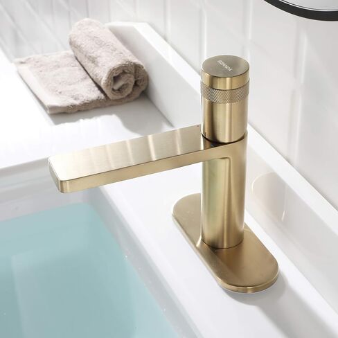Brass Single Handle Bathroom Faucet with Deck Plate, Pop-up Sink Drain Assembly & Faucet Supply Lines, Brushed Gold, 1416408 in Saudi Arabia
