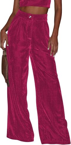 IBAKOM Velvet Pant for Women High Waist Wide Leg Palazzo Pants with Pocket Office Lady Fall Winter Xmas Flare Baggy Trouser in Saudi Arabia
