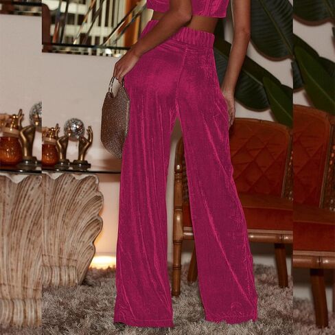 IBAKOM Velvet Pant for Women High Waist Wide Leg Palazzo Pants with Pocket Office Lady Fall Winter Xmas Flare Baggy Trouser in Saudi Arabia