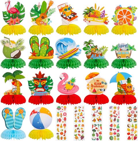 17Pcs Summer Honeycomb Centerpiece Summer Party Decorations 3D Beach Hawaii Themed Party Table Decorations with Glitter Summer Temporary Tattoos for Summer Beach Pool Party Supplies in Saudi Arabia