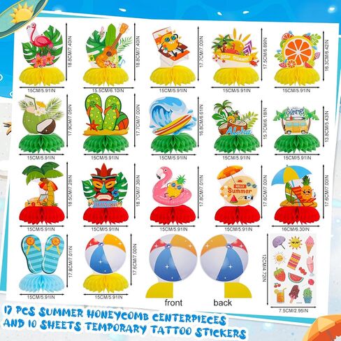 17Pcs Summer Honeycomb Centerpiece Summer Party Decorations 3D Beach Hawaii Themed Party Table Decorations with Glitter Summer Temporary Tattoos for Summer Beach Pool Party Supplies in Saudi Arabia