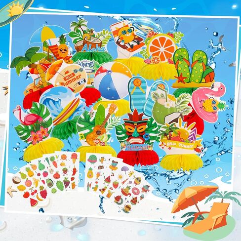17Pcs Summer Honeycomb Centerpiece Summer Party Decorations 3D Beach Hawaii Themed Party Table Decorations with Glitter Summer Temporary Tattoos for Summer Beach Pool Party Supplies in Saudi Arabia