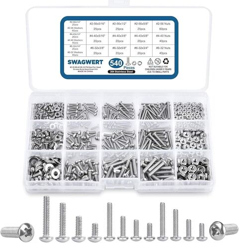 مجموعة براغي الماكينة 540 قطعة #2-56#4-40#6-32، مسمار براغي رأس غسالات مسطحة، صواميل ومسامير صغيرة من الفولاذ المقاوم للصدأ 304 للمشروع الخارجي من Swagwert in Kuwait