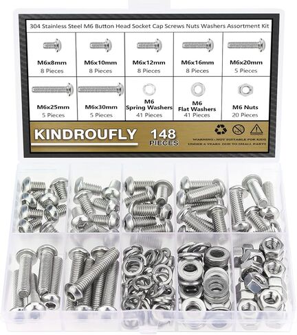 148 Pieces M6 x 8/10 /12/16 /20/25 /30mm Button Head Socket Cap Screws Nuts Washers Assortment Kit, 304 Stainless Steel, Fully Machine Thread in Saudi Arabia