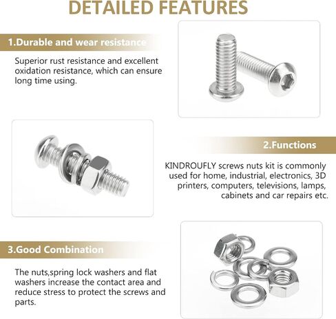 148 Pieces M6 x 8/10 /12/16 /20/25 /30mm Button Head Socket Cap Screws Nuts Washers Assortment Kit, 304 Stainless Steel, Fully Machine Thread in Saudi Arabia