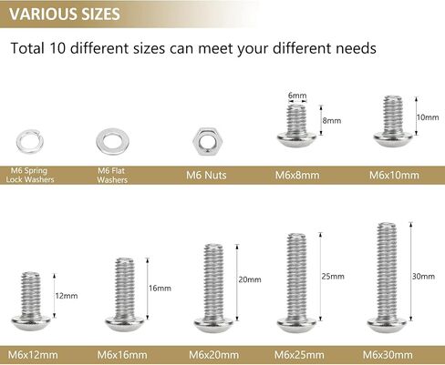 148 Pieces M6 x 8/10 /12/16 /20/25 /30mm Button Head Socket Cap Screws Nuts Washers Assortment Kit, 304 Stainless Steel, Fully Machine Thread in Saudi Arabia