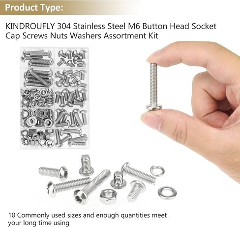 148 Pieces M6 x 8/10 /12/16 /20/25 /30mm Button Head Socket Cap Screws Nuts Washers Assortment Kit, 304 Stainless Steel, Fully Machine Thread in Saudi Arabia