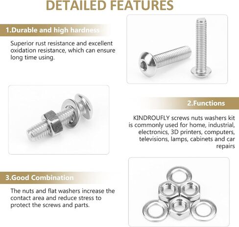 148 Pieces M6 x 8/10 /12/16 /20/25 /30mm Button Head Socket Cap Screws Nuts Washers Assortment Kit, 304 Stainless Steel, Fully Machine Thread in Saudi Arabia