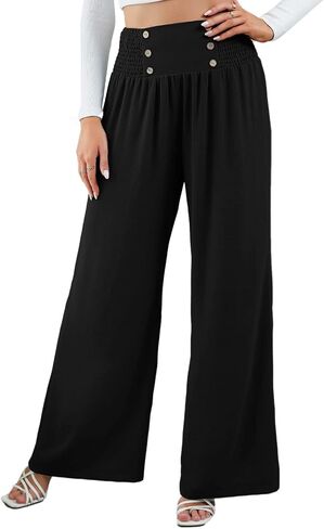 Pissente Women Wide Leg Trousers Shirred High Elastic Waist Button Decoration Casual Pants for Work Dating(XXL-Black) in Saudi Arabia