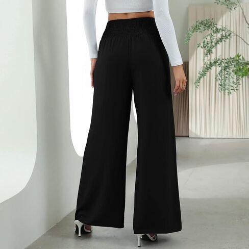 Pissente Women Wide Leg Trousers Shirred High Elastic Waist Button Decoration Casual Pants for Work Dating(XXL-Black) in Saudi Arabia
