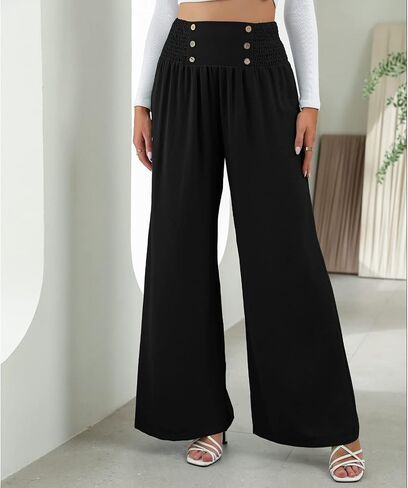 Pissente Women Wide Leg Trousers Shirred High Elastic Waist Button Decoration Casual Pants for Work Dating(XXL-Black) in Saudi Arabia