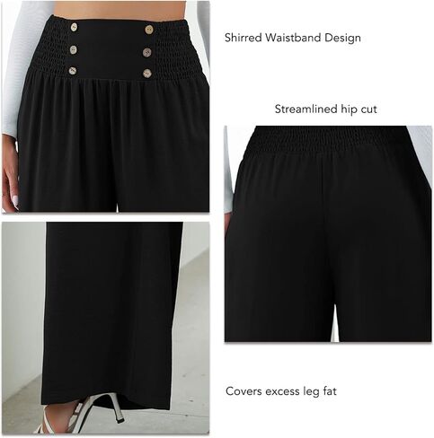 Pissente Women Wide Leg Trousers Shirred High Elastic Waist Button Decoration Casual Pants for Work Dating(XXL-Black) in Saudi Arabia