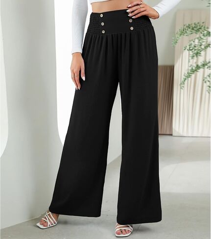 Pissente Women Wide Leg Trousers Shirred High Elastic Waist Button Decoration Casual Pants for Work Dating(XXL-Black) in Saudi Arabia