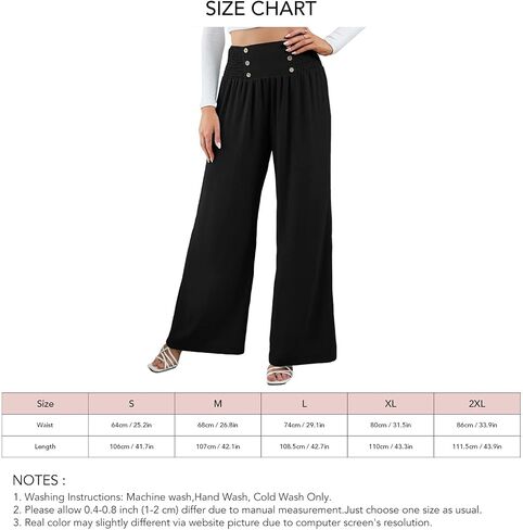 Pissente Women Wide Leg Trousers Shirred High Elastic Waist Button Decoration Casual Pants for Work Dating(XXL-Black) in Saudi Arabia