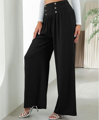 Pissente Women Wide Leg Trousers Shirred High Elastic Waist Button Decoration Casual Pants for Work Dating(XXL-Black) in Saudi Arabia