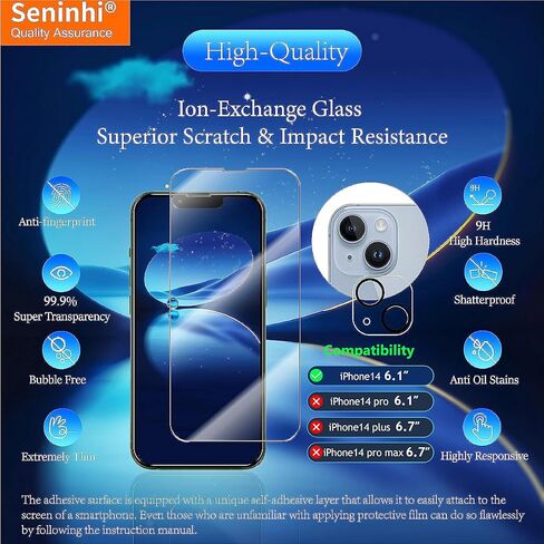 [3+3 عبوات لواقي شاشة iphone14 3 عبوات + واقي عدسة الكاميرا 3 عبوات، واقي شاشة من الزجاج المقوى [مع إطار سهل التركيب] [صلابة 9H] [مضاد للخدش] [خالٍ من الفقاعات] - شفاف in Kuwait