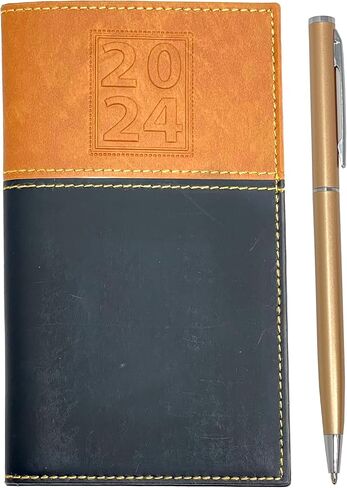 منظم تقويم الجيب الأسبوعي لعام 2024 مع قلم أعمال ذو حواف ذهبية | مفكرة بيضاء لتدوين الملاحظات - بالإضافة إلى علبة هدية | غطاء جلد ناعم بحجم محفظة صغير مقاس 6 × 3.5 مخطط جدول أعمال باللونين الأسود والأسمر (2024) in Kuwait