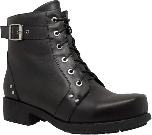 RIDETECS Women's 7" Ankle Lace Up & Side Zipper Leather Motorcycle Soft Toe & Comfort Cushioned Insole Casual Stylish Biker Boot-Black in Saudi Arabia