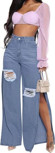Women High Rise Slit Split Hem Bootcut Distressed Blue Flare Jeans Ripped Hole Denim Pants in Saudi Arabia