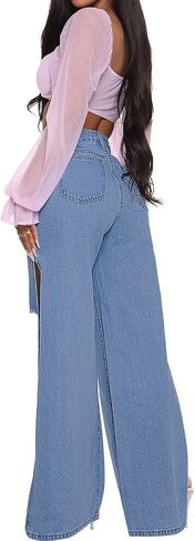 Women High Rise Slit Split Hem Bootcut Distressed Blue Flare Jeans Ripped Hole Denim Pants in Saudi Arabia